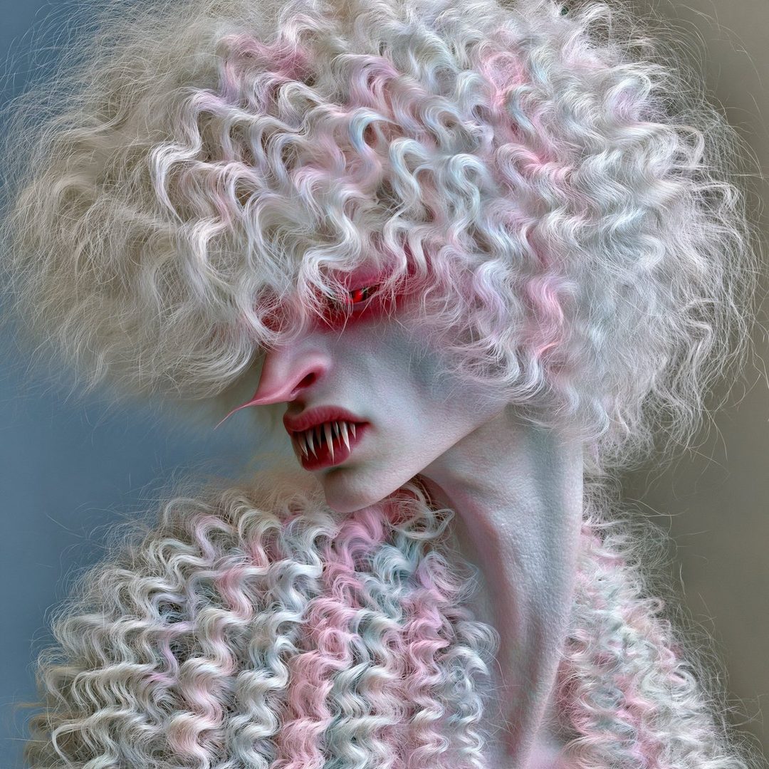 A surreal portrait of a pale-skinned being with striking white and pink curly hair, sharp fangs, and glowing red eyes.
