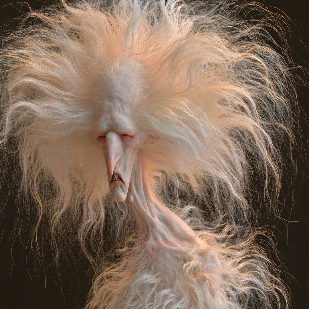 A surreal portrait of a pale, gaunt creature with wild, flowing white hair and sharp teeth.