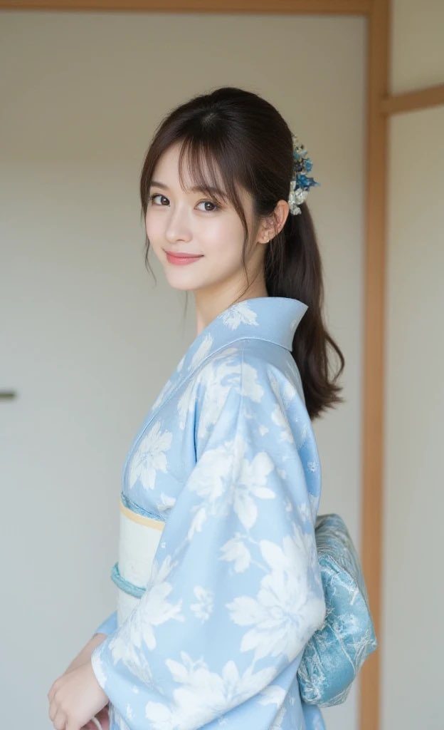 A young East Asian woman with brown hair tied in a ponytail, wearing a light blue floral kimono, smiles gently indoors.