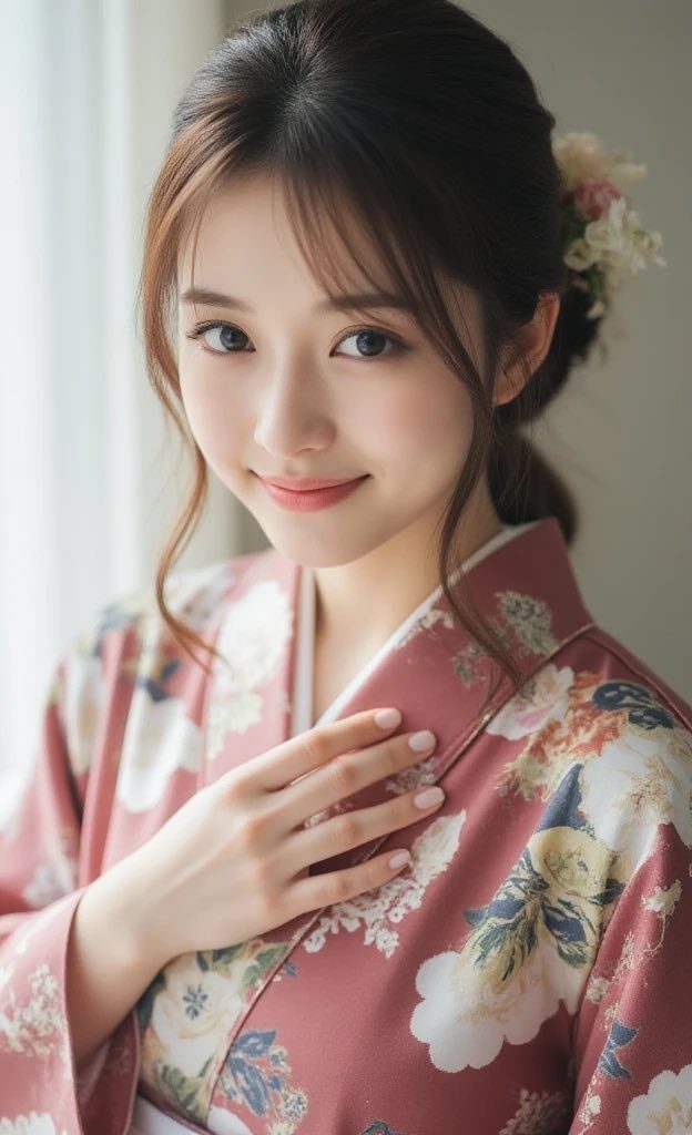 A beautiful East Asian woman with long brown hair, wearing a floral kimono and smiling gently.