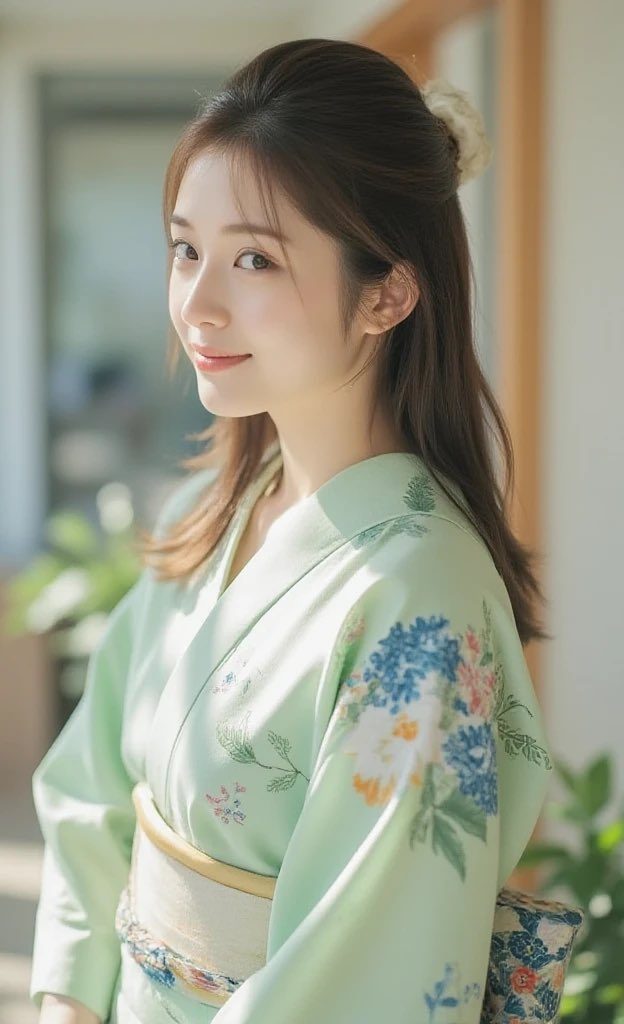 A young East Asian woman with long brown hair tied up, wearing a light green kimono with floral patterns, smiles gently outdoors.
