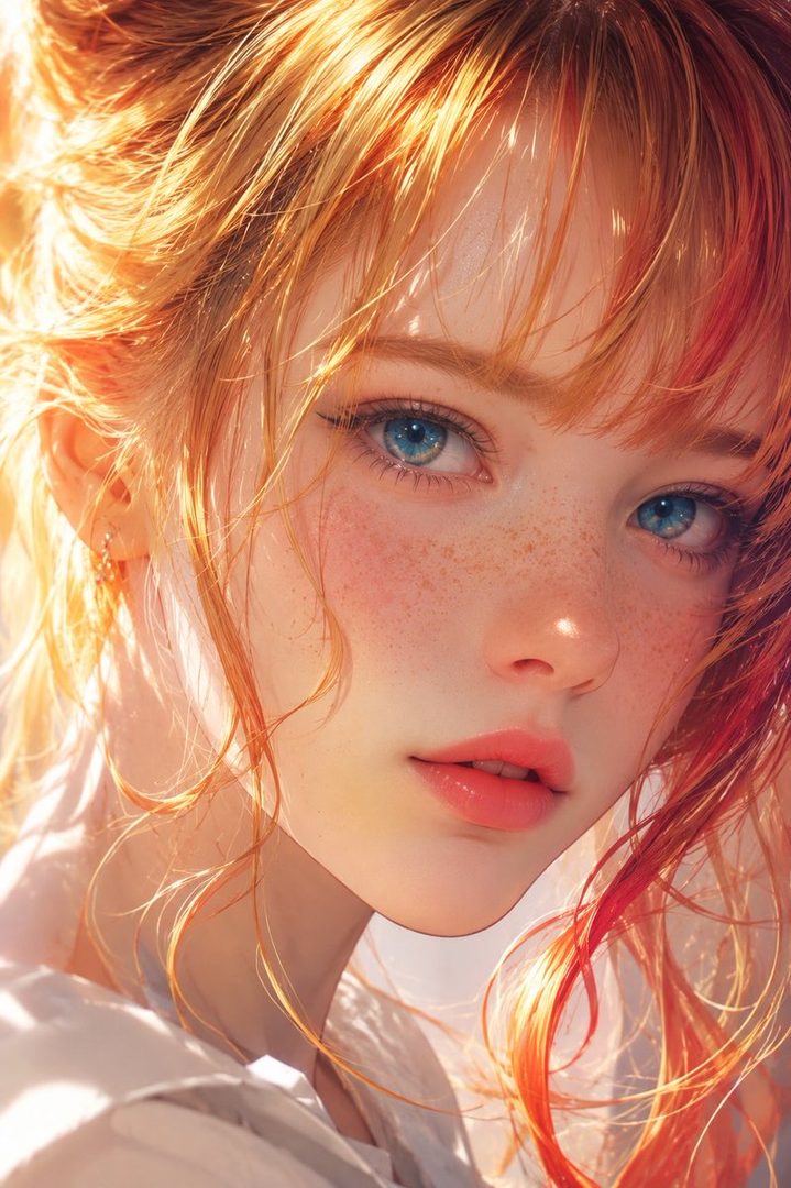 A photorealistic portrait of a young woman with striking blue eyes and freckles, her vibrant red hair catching the sunlight.