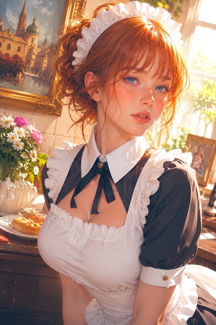 A photorealistic portrait of a young woman with red hair and blue eyes, wearing a maid outfit, with a soft, warm lighting.