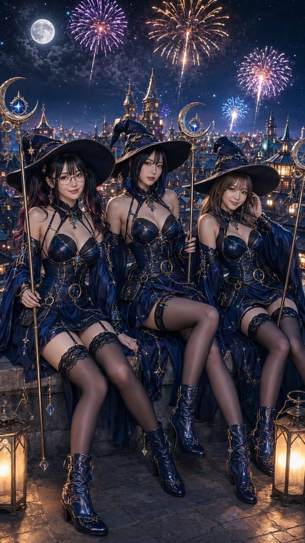 Three women dressed in elaborate dark blue witch costumes with corsets and stockings sit on a rooftop overlooking a city at night, with fireworks exploding in the sky and a full moon visible.
