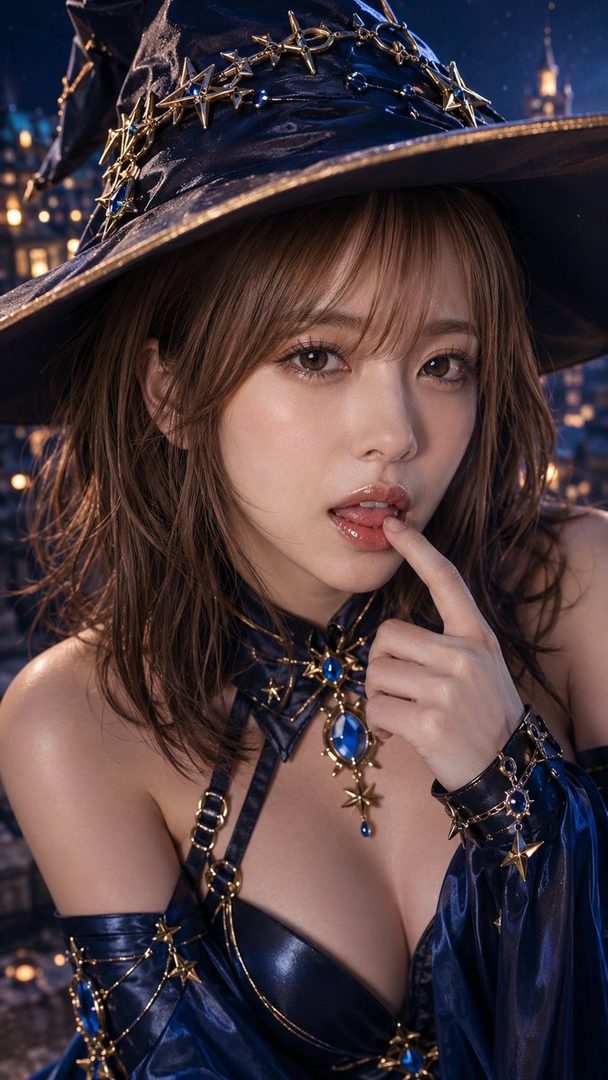 A seductive AI-generated portrait of a woman dressed as a witch in a dark blue and gold costume, with a witch hat and a city night background.