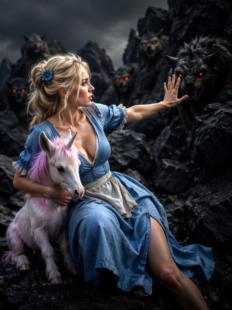 A blonde woman in a blue dress holds a pink unicorn while facing menacing wolf-like creatures in a dark, rocky landscape.