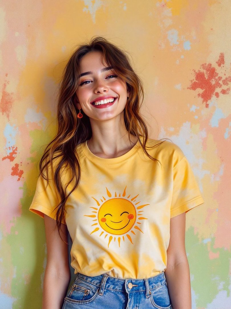 A young woman with long brown hair and bangs, wearing a yellow t-shirt with a sun graphic and blue jeans, smiles warmly against a colorful, textured wall.