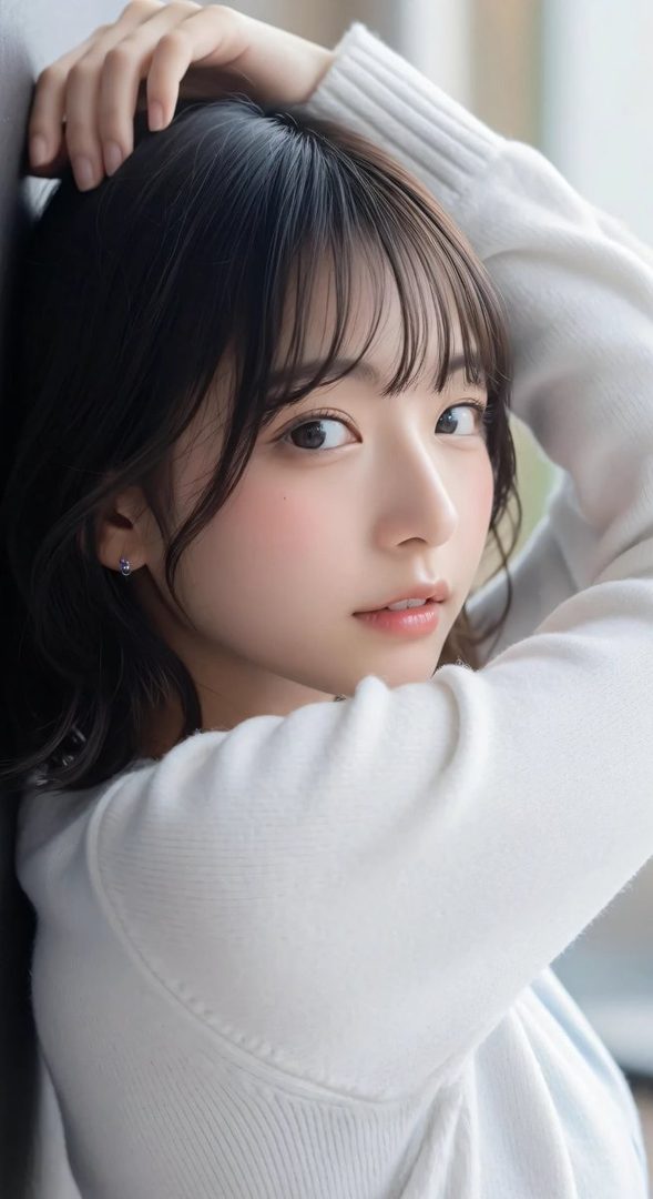 A young Japanese woman with black hair and bangs, wearing a white sweater, poses for a portrait indoors.