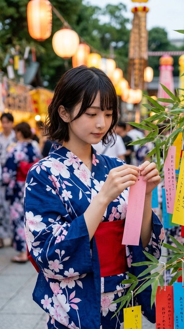 A young woman in a blue yukata with a floral pattern and a red obi is writing a wish on a pink tanzaku paper at a Japanese summer festival.