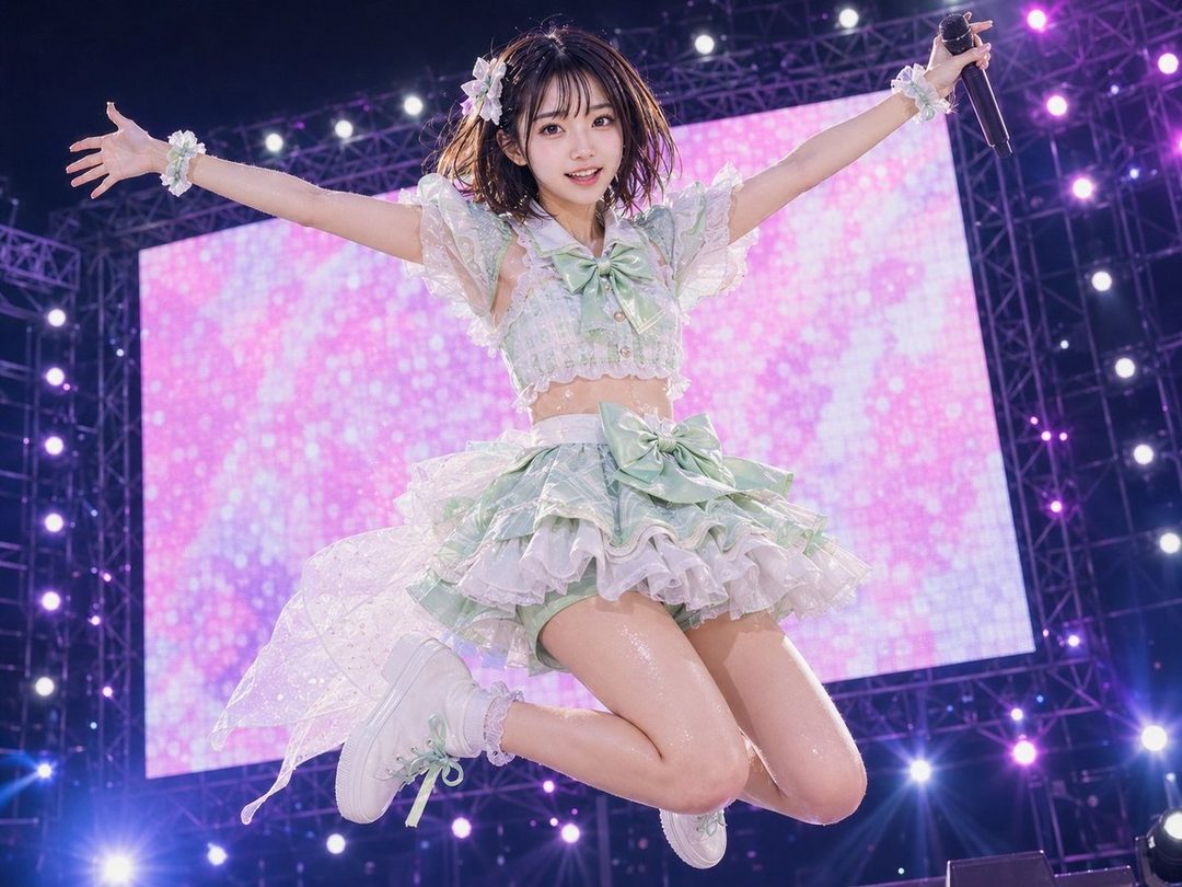 An AI-generated idol in a cute green and white outfit jumps on stage with a large pink sparkly screen behind her.