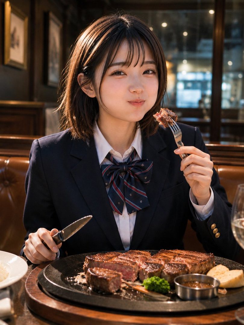 A young East Asian woman in a school uniform blazer and tie eating a steak.