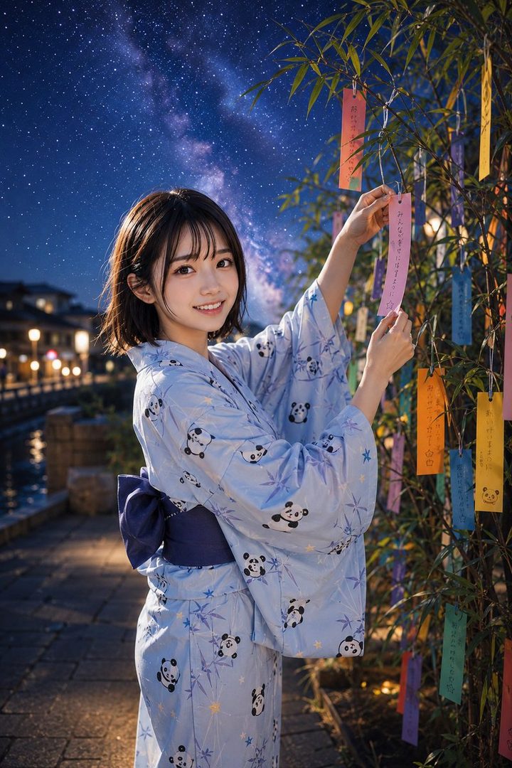 A young woman in a light blue yukata with a panda pattern smiles under a starry night sky, reaching for a colorful wish paper on a bamboo tree.