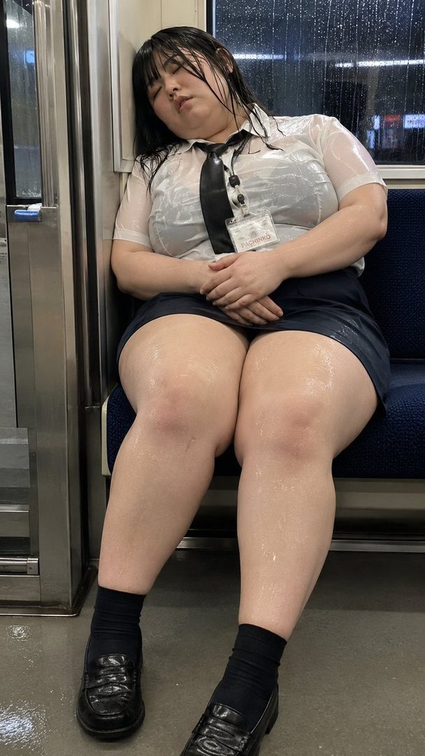 A woman in a wet white shirt and dark skirt sleeps on a train, her body appearing soft and full.