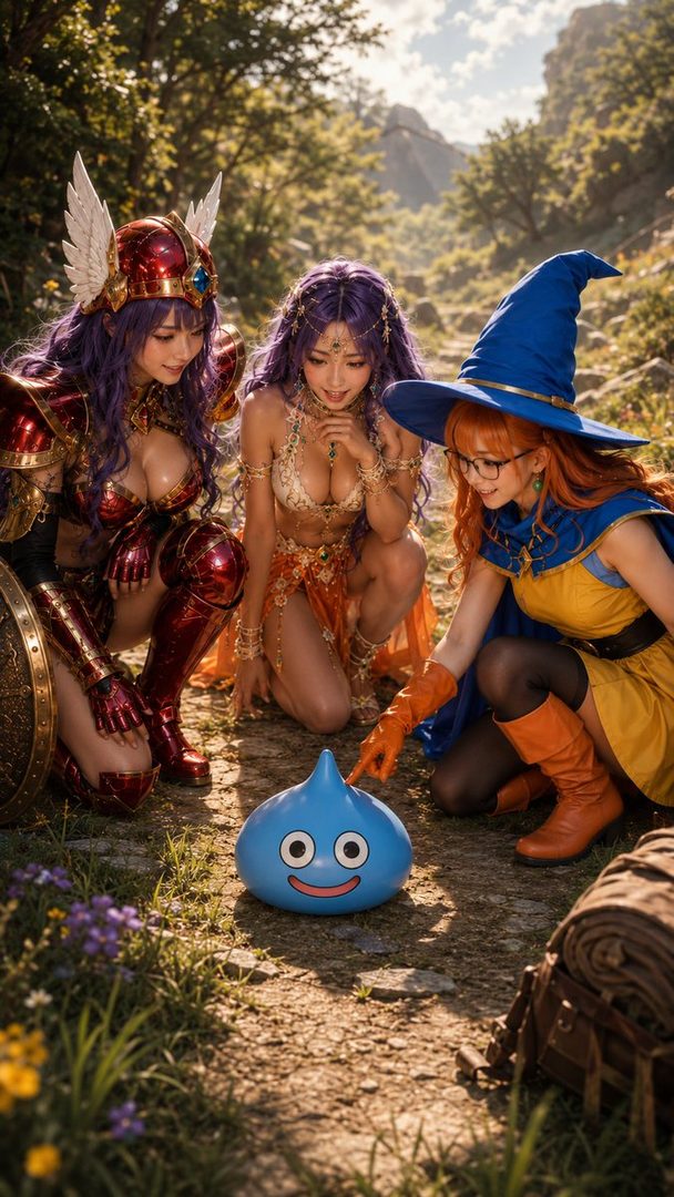 Three women in Dragon Quest-inspired cosplay, including a warrior, dancer, and wizard, crouch around a blue Slime in a sunny outdoor fantasy setting.