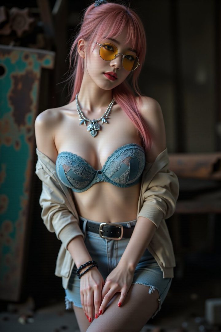 A young East Asian woman with pink hair, wearing a blue lace bra, denim shorts, sunglasses, and a necklace, posing indoors.