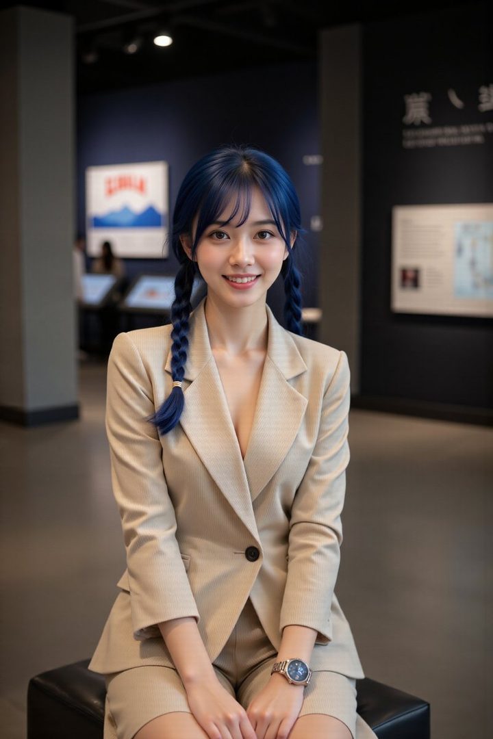 A young East Asian woman with blue hair in twintails, wearing a beige suit, smiles at the camera in an indoor setting.