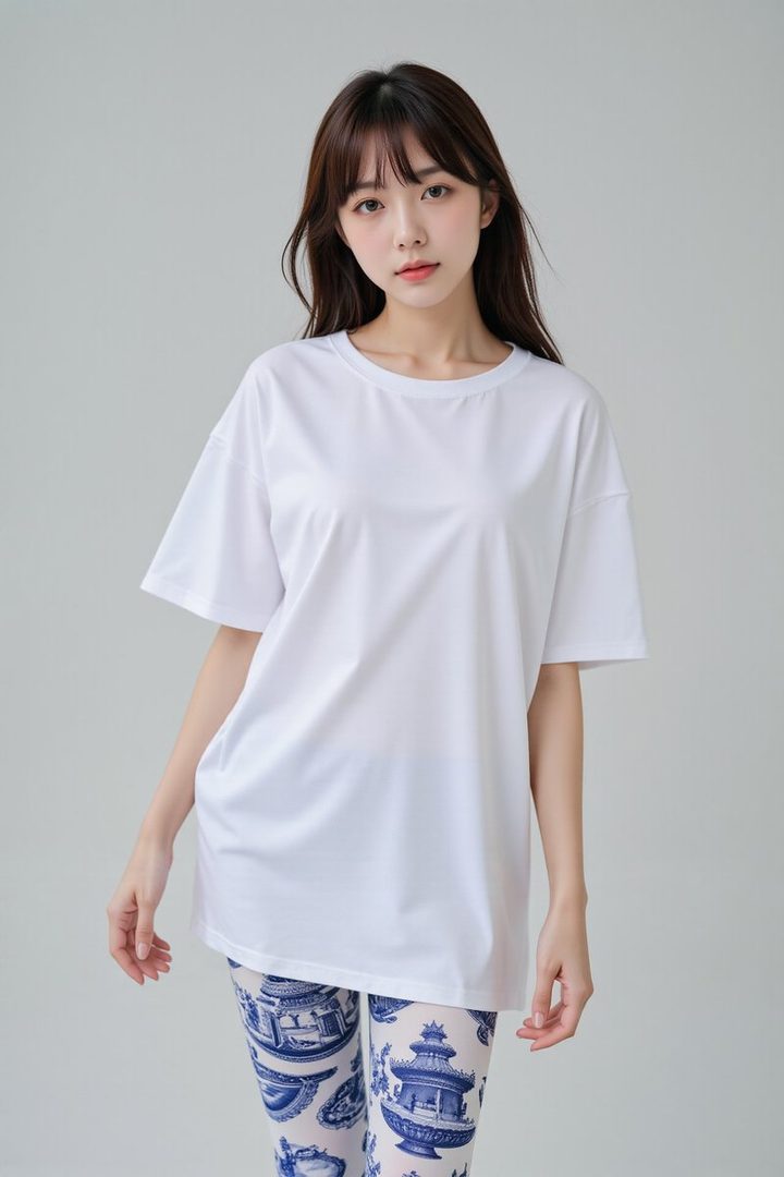 A young East Asian woman with long brown hair and bangs, wearing a white oversized t-shirt and patterned leggings, posing indoors against a plain background.