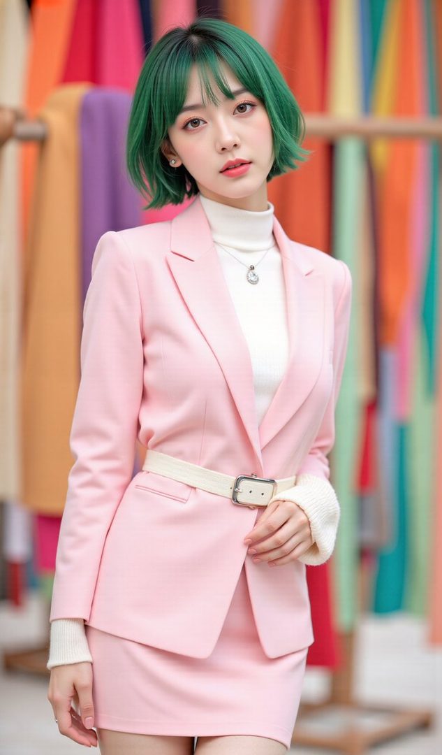 A young woman with short green hair and bangs, wearing a pink suit and a white turtleneck, poses indoors with a colorful background.