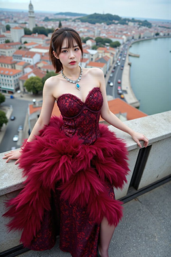 A young East Asian woman in a strapless burgundy lace dress with a voluminous feathered skirt and a statement necklace, posing on a rooftop overlooking a city skyline.