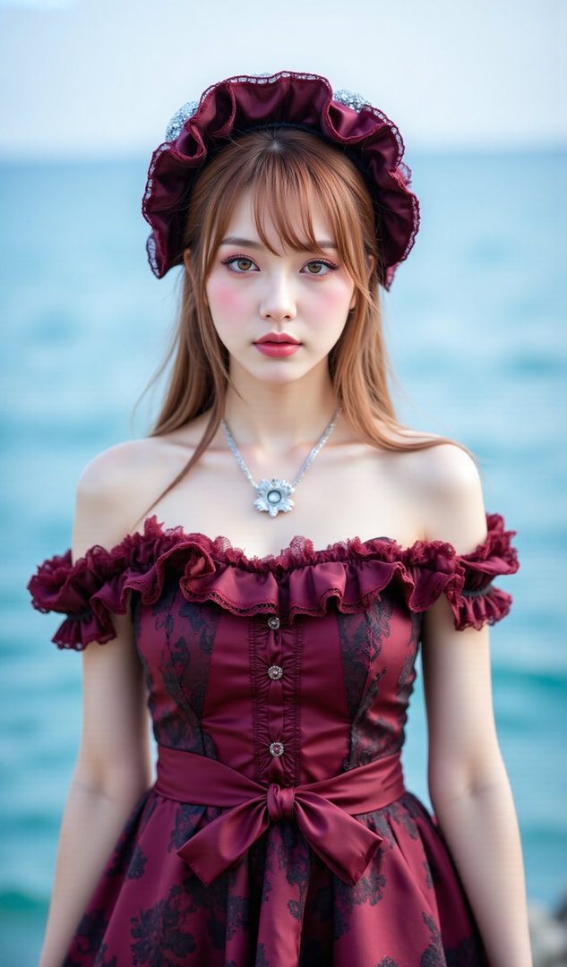 A young woman with long brown hair and bangs, wearing a ruffled off-the-shoulder burgundy dress and a matching headband, poses outdoors with the ocean in the background.