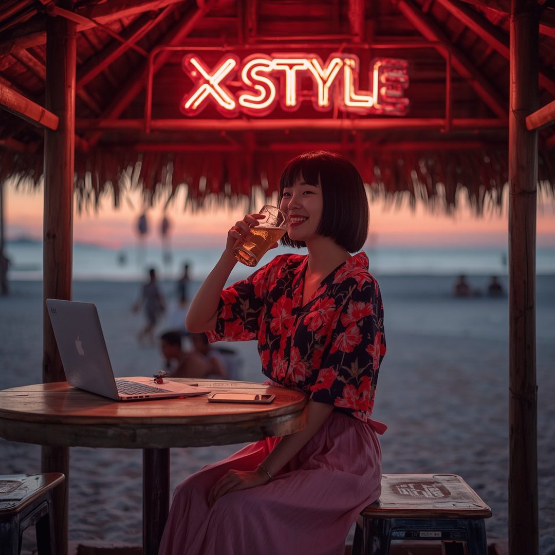 A smiling East Asian woman with short black hair drinks from a glass of beer at a beachside table with a laptop, under a neon sign.