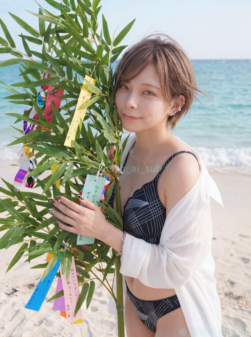A young woman in a bikini and a white shirt stands on a beach next to a bamboo tree decorated with colorful wishes for Tanabata.