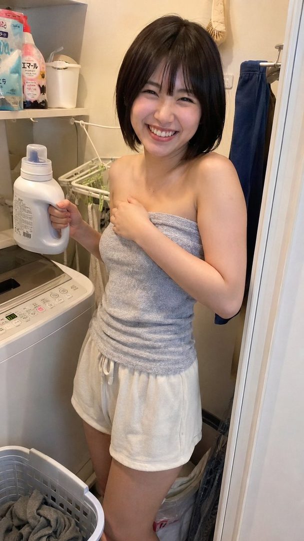 A smiling young woman with short black hair, wearing a grey strapless top and white shorts, stands in a laundry room holding a bottle of detergent.