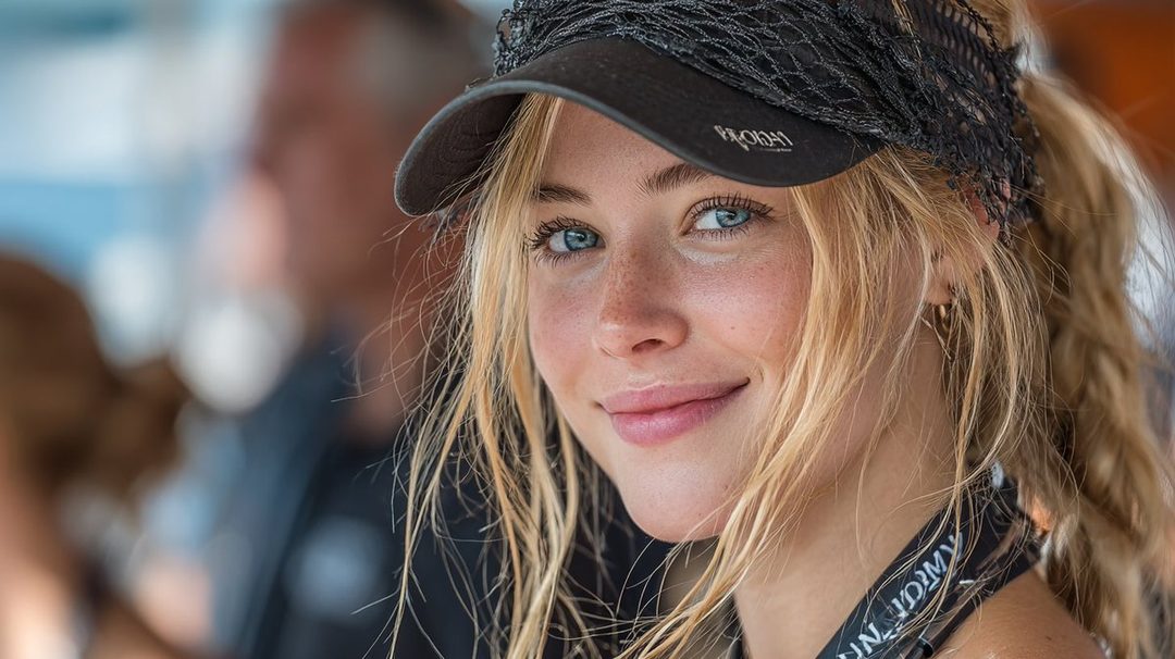 Close-up portrait of a young woman with blonde hair, blue eyes, and freckles, wearing a black cap and smiling.