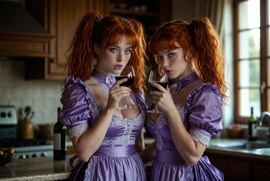 Two AI-generated young women with red pigtails, wearing purple maid outfits and holding glasses of red wine, posing in a kitchen.