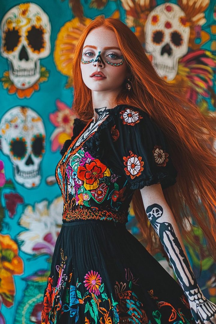 A young woman with long red hair and face paint inspired by Day of the Dead, wearing a black embroidered dress, poses against a colorful background of sugar skulls and flowers.
