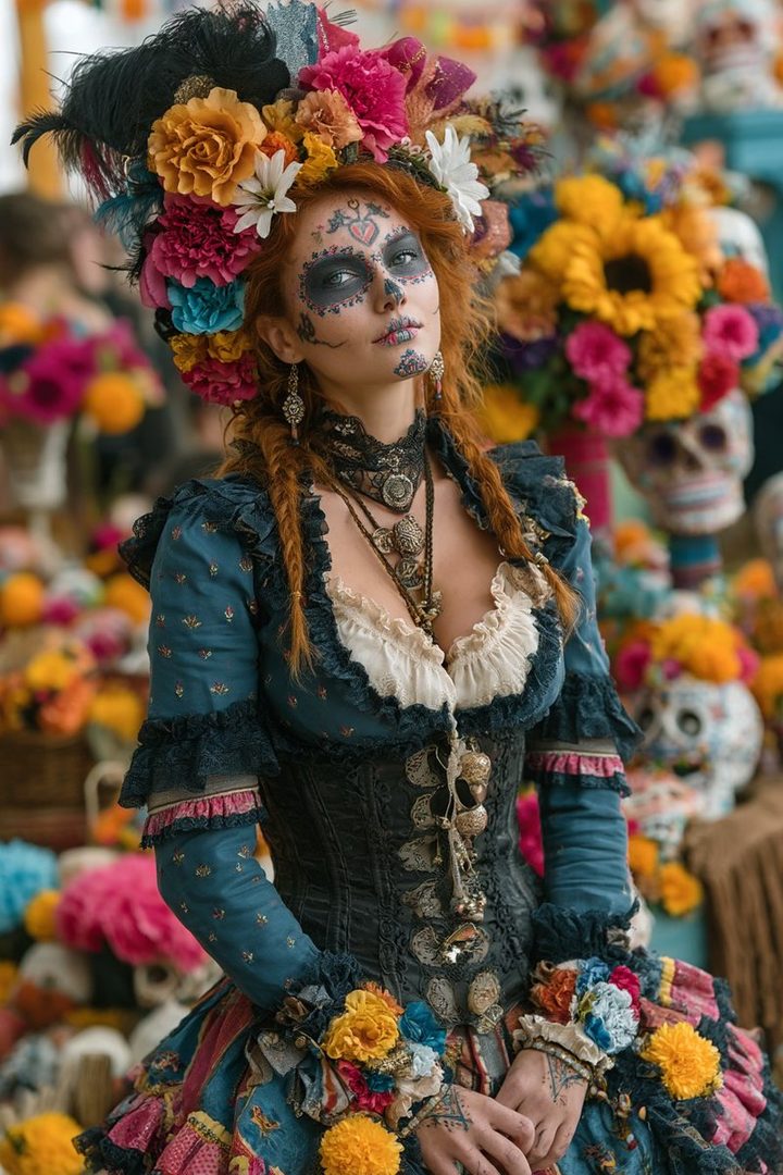 A woman with intricate sugar skull face paint and a large floral headdress, dressed in a Victorian-inspired outfit, posing for a Day of the Dead themed portrait.