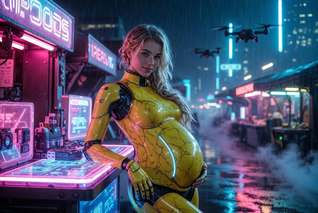 A pregnant woman in a yellow futuristic suit stands in a neon-lit cyberpunk city at night, with drones flying overhead.