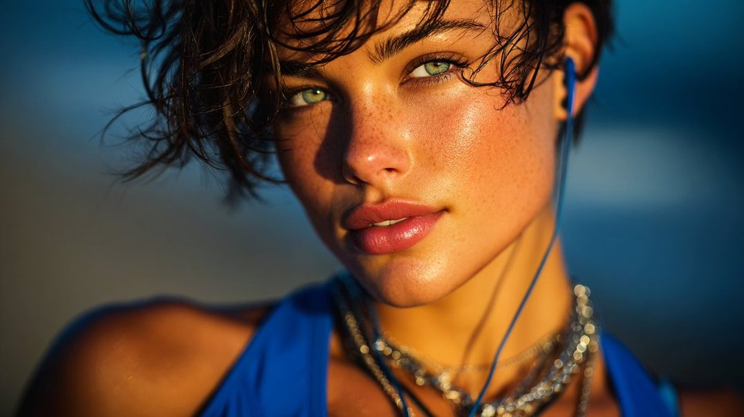 Close-up portrait of a young woman with short, wet brown hair, green eyes, and freckles, wearing a blue top and silver necklaces, with earbuds in.