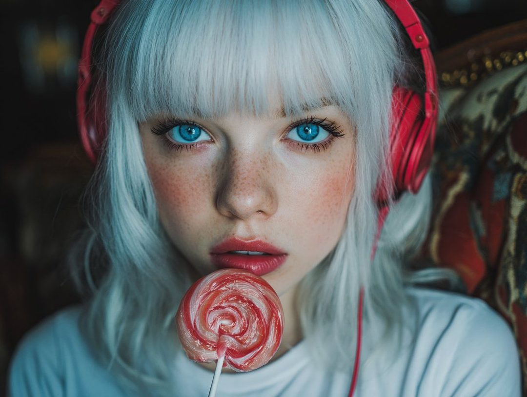 Close-up portrait of a young woman with striking blue eyes, silver hair, freckles, wearing red headphones and holding a lollipop.