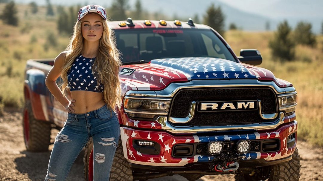 A blonde woman in a star-spangled crop top and ripped jeans poses in front of a pickup truck decorated with the American flag.