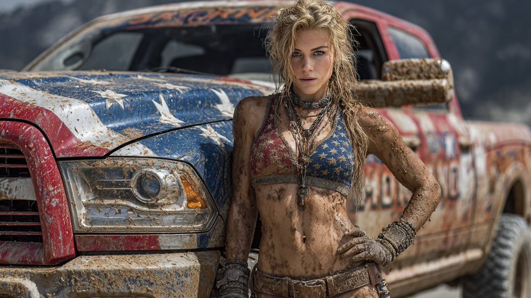 A woman covered in mud poses in front of a mud-splattered pickup truck decorated with the American flag.