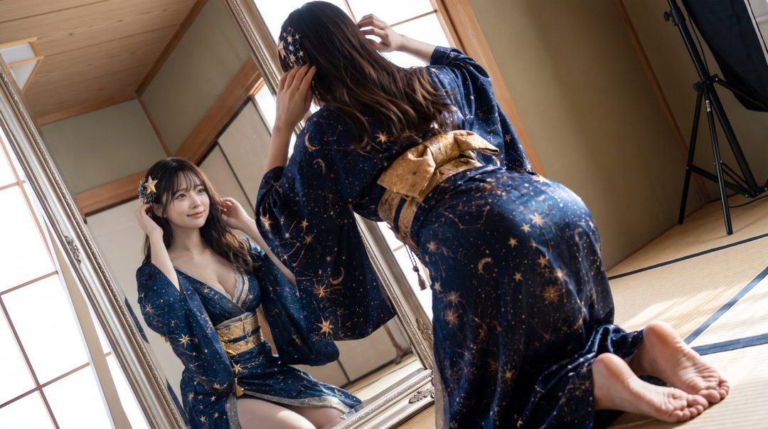 A young woman in a dark blue yukata with a celestial pattern, adorned with stars and moons, poses in front of a mirror. She is adjusting her hair accessory, which features star-shaped ornaments. The yukata has a golden obi sash.