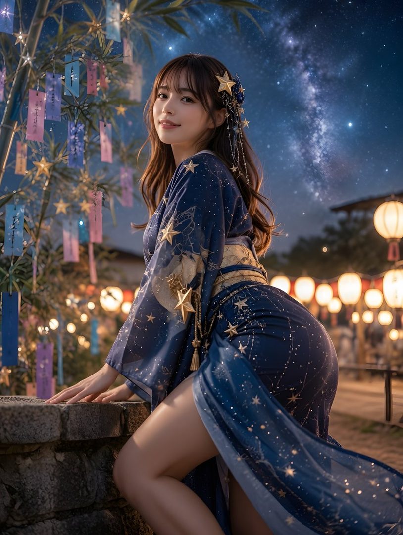 A beautiful AI-generated woman in a starry blue kimono poses outdoors at night under a starry sky with traditional Japanese Tanabata decorations.