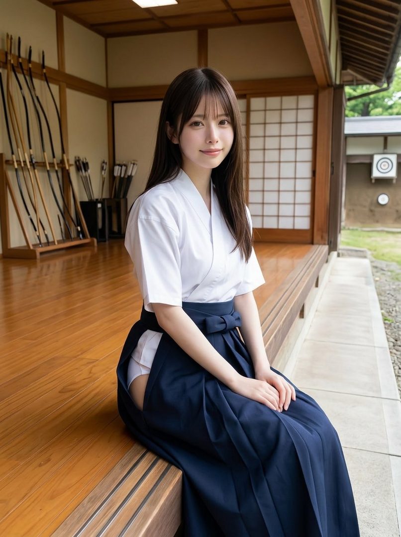A young woman with long dark hair, dressed in a white kyudo uniform and dark blue hakama, sits on a wooden floor in a traditional Japanese dojo, with bows and arrows in the background.