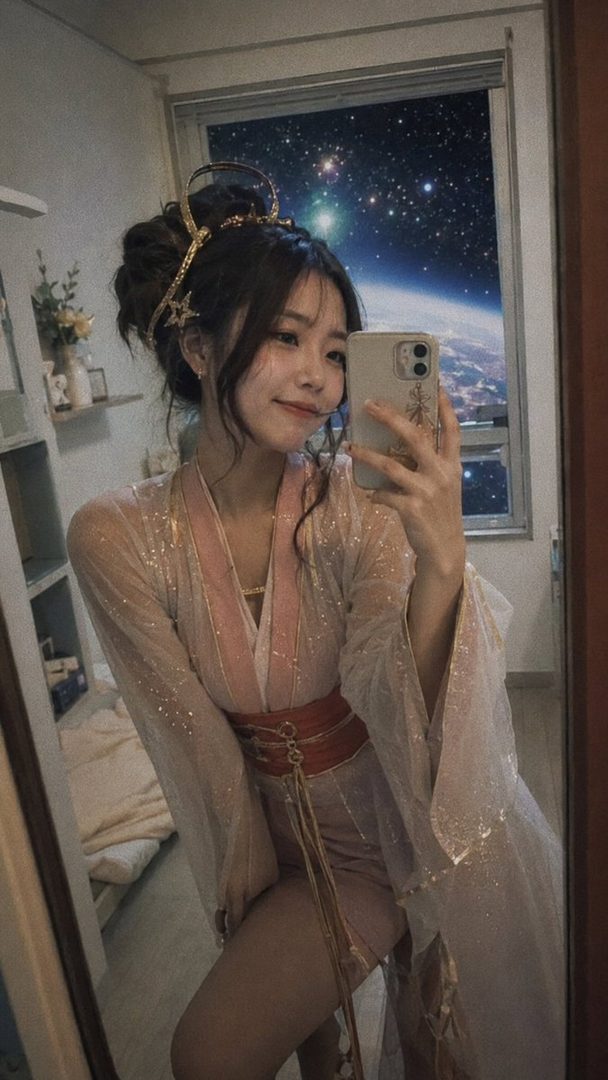 A young East Asian woman with dark hair styled in an updo, wearing a shimmering pink and gold traditional-inspired outfit, takes a selfie in a room with a window showing a starry sky and Earth.