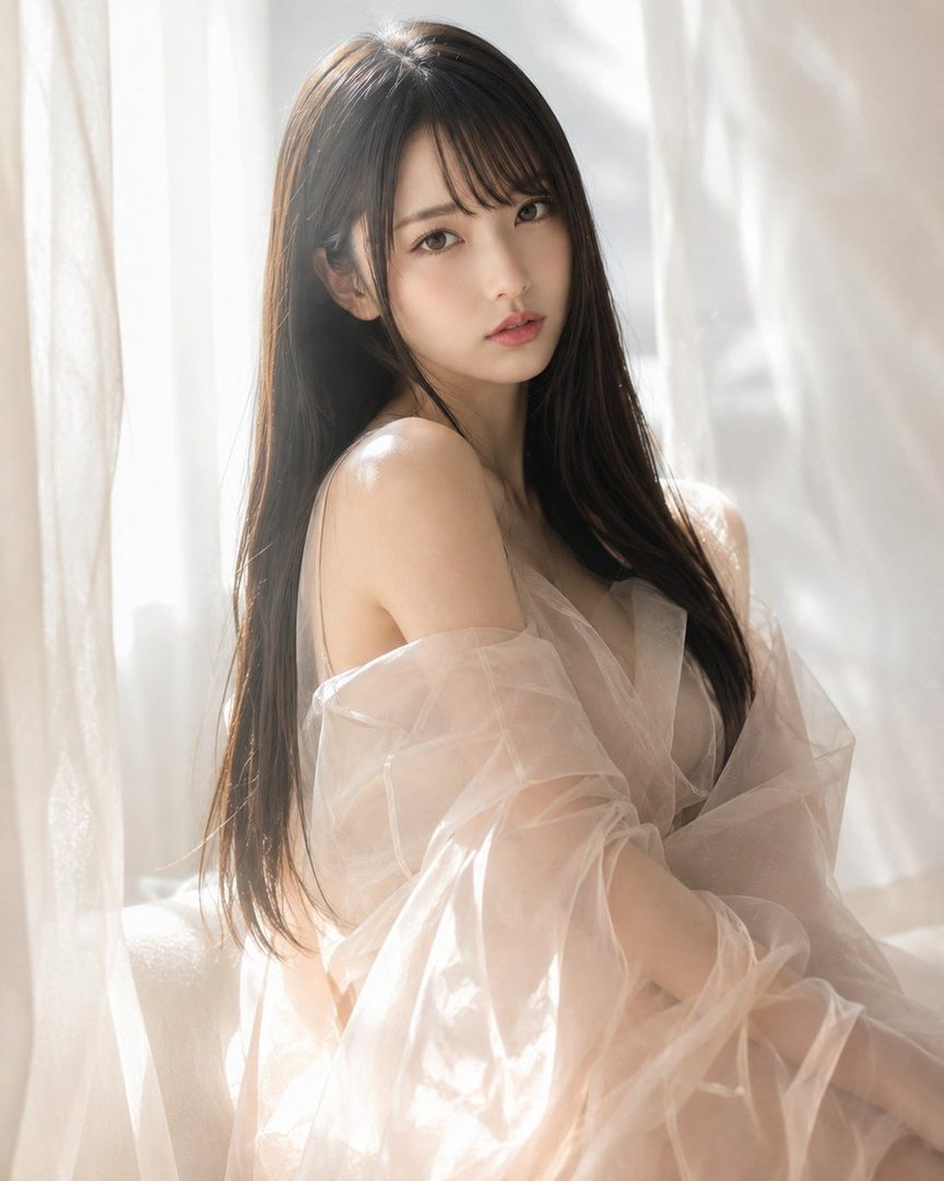 A beautiful East Asian woman with long black hair and bangs, wearing a sheer, light-colored garment, poses indoors with soft lighting.