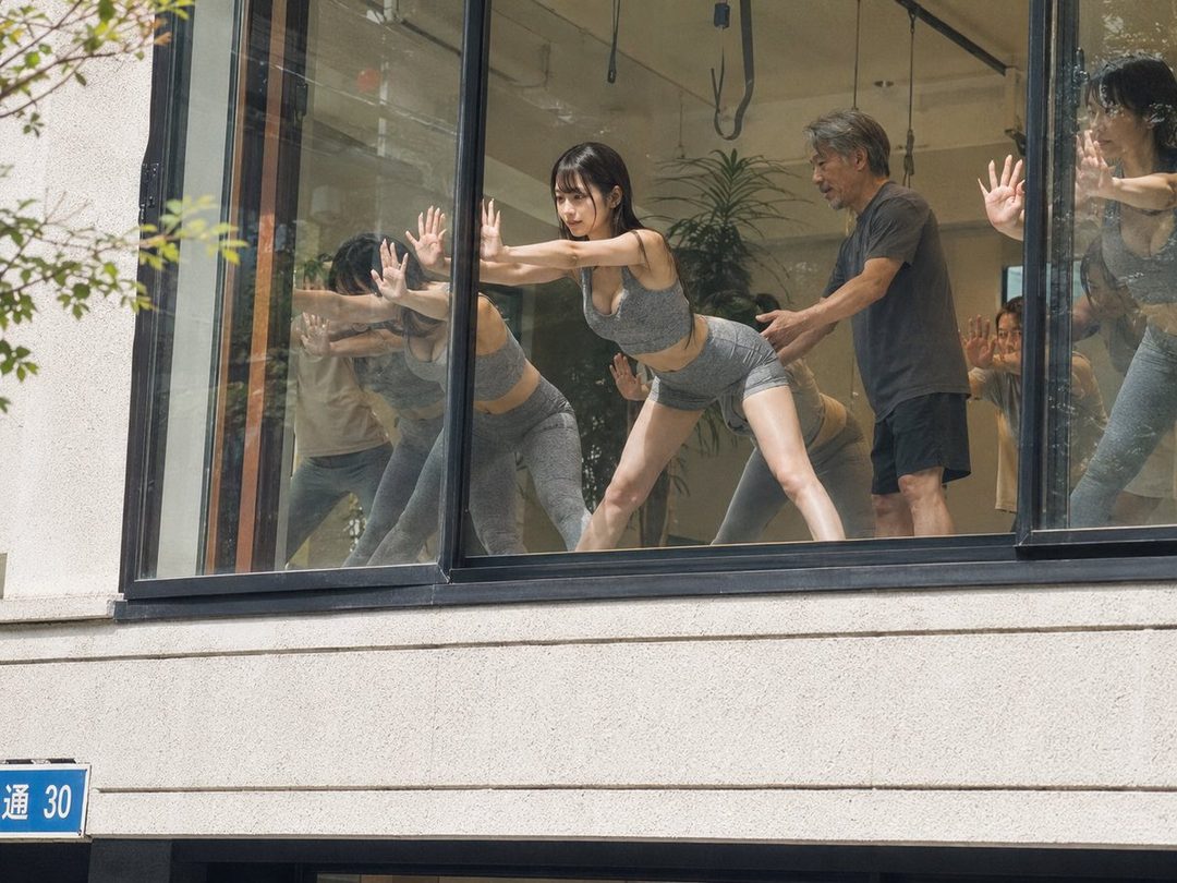 A woman in sportswear stretches in a gym, guided by an instructor, seen through a large window.