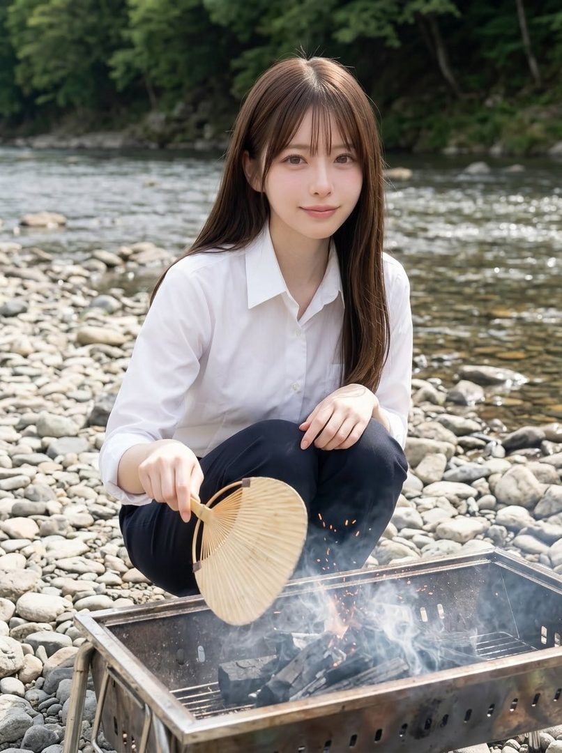 A young woman with long brown hair and a white shirt is fanning a barbecue grill by a rocky river.