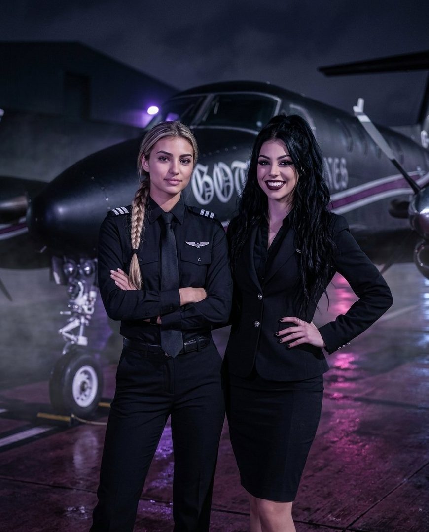 Two women in pilot uniforms stand in front of a private jet at night.