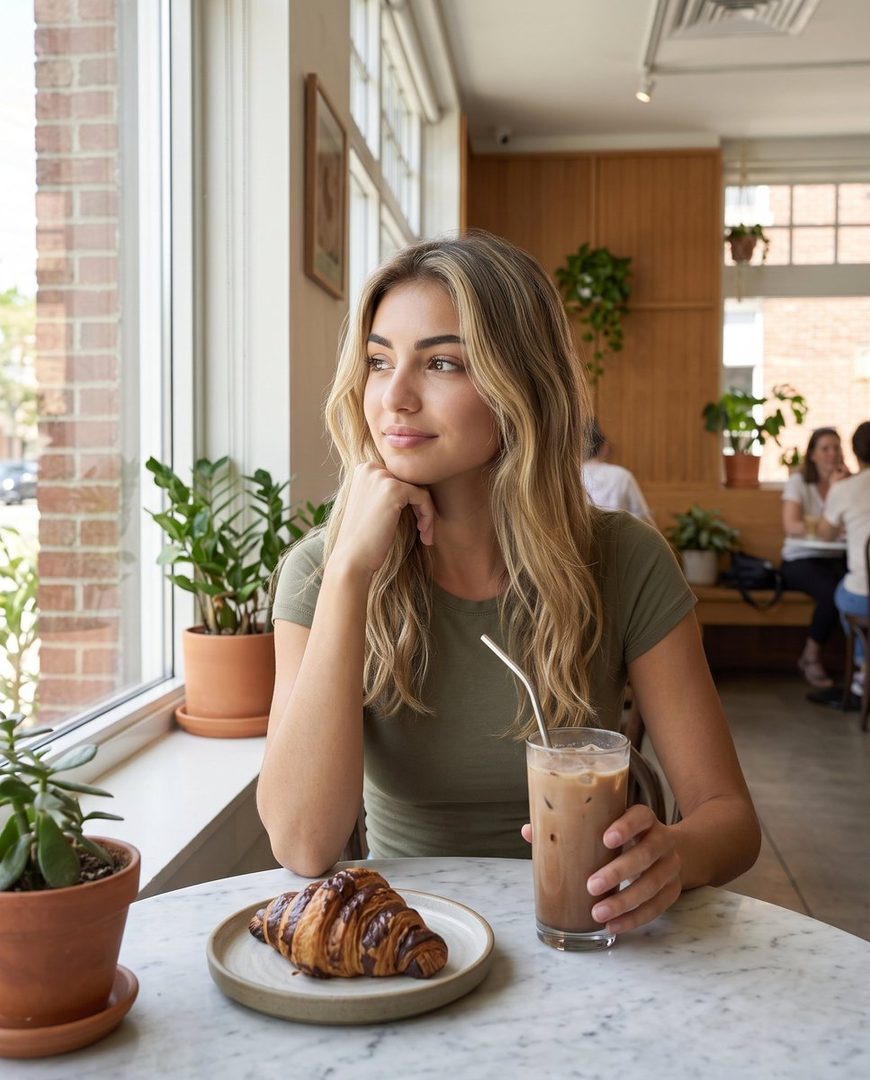 A young woman with blonde hair sits at a table in a cafe, holding a glass of iced coffee and looking out a window, with a croissant on a plate in front of her.