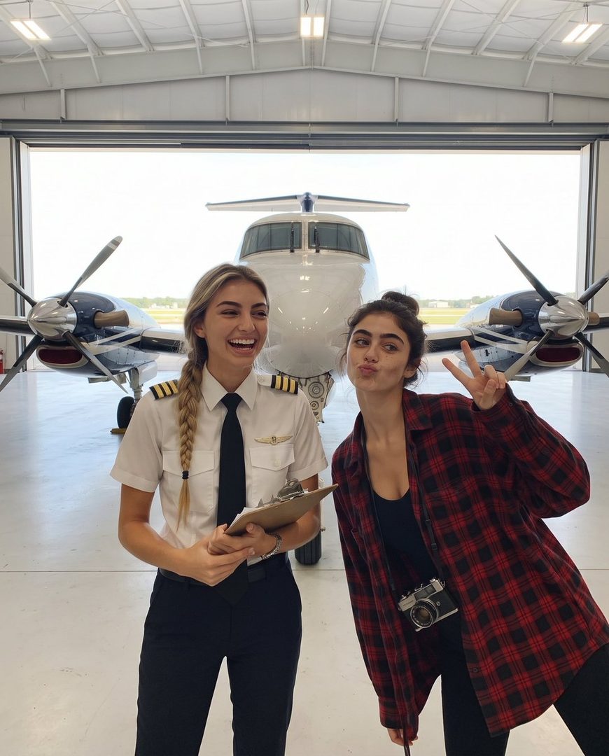 Two young women posing in front of a private jet in a hangar, one in a pilot uniform and the other holding a vintage camera.