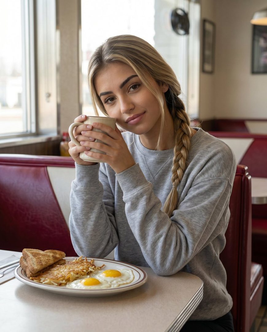 A young woman with blonde hair in a braid holds a mug of coffee while sitting at a diner booth with a plate of breakfast in front of her.