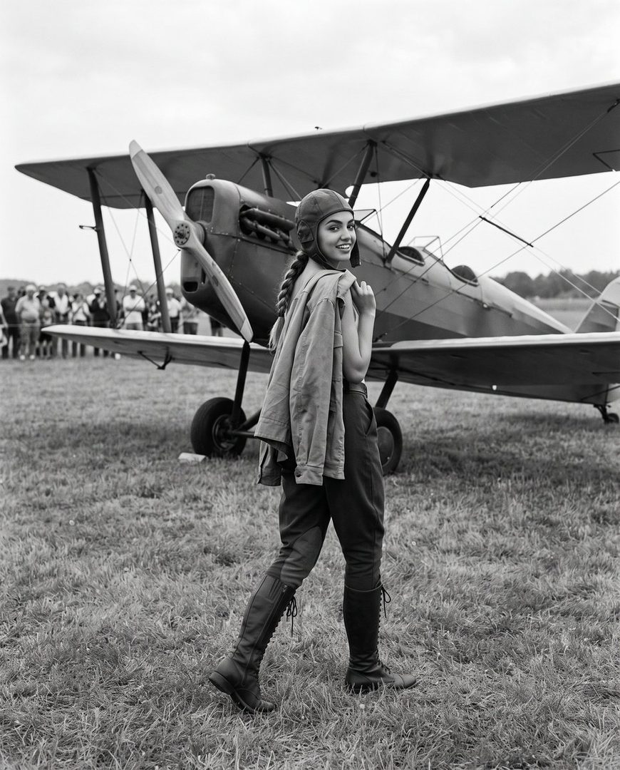 A smiling woman in aviator gear poses in front of a biplane.