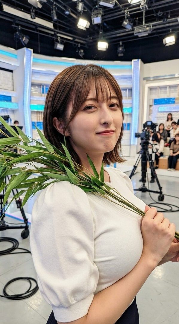 A young woman with short brown hair and bangs, wearing a white puff-sleeve blouse, holds a bundle of bamboo leaves. She is in a television studio with cameras and lighting equipment visible in the background.
