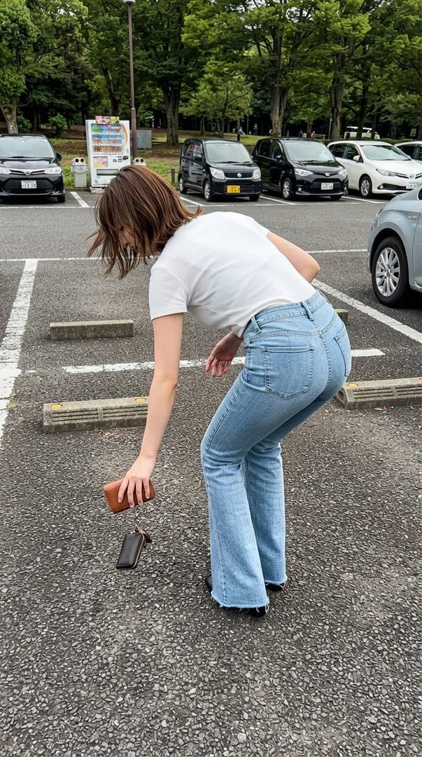 A woman in a white t-shirt and blue jeans bends down to pick up her wallet and phone in a parking lot.